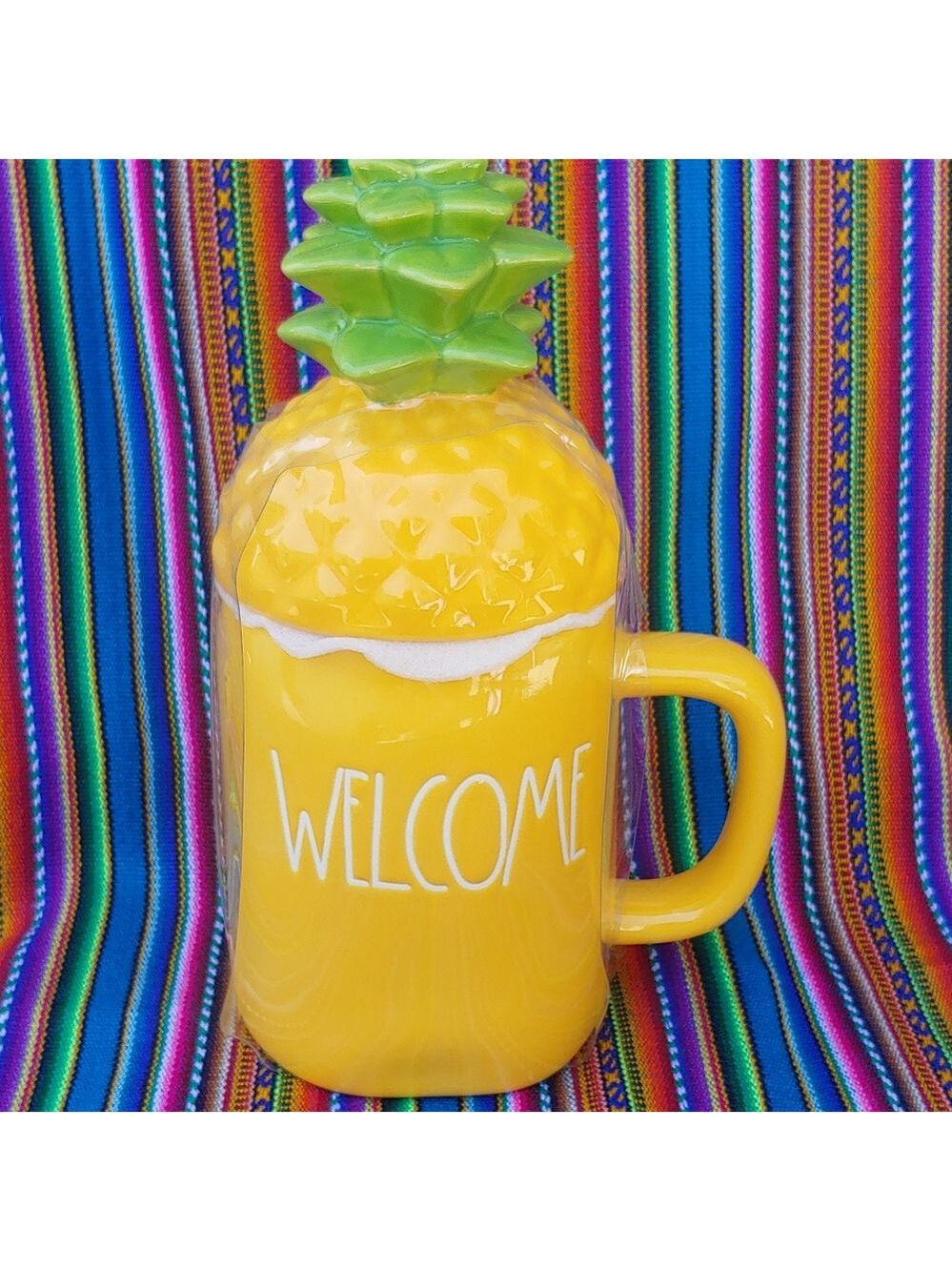 Rae Dunn Ceramic Pineapple Welcome Mug Yellow and Green NWT
